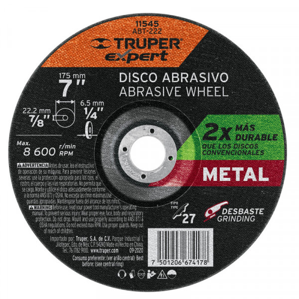 ABT-222 Disco desbaste metal, tipo27,diámetro 7',alto rendimiento TRUPER | DIHERESA