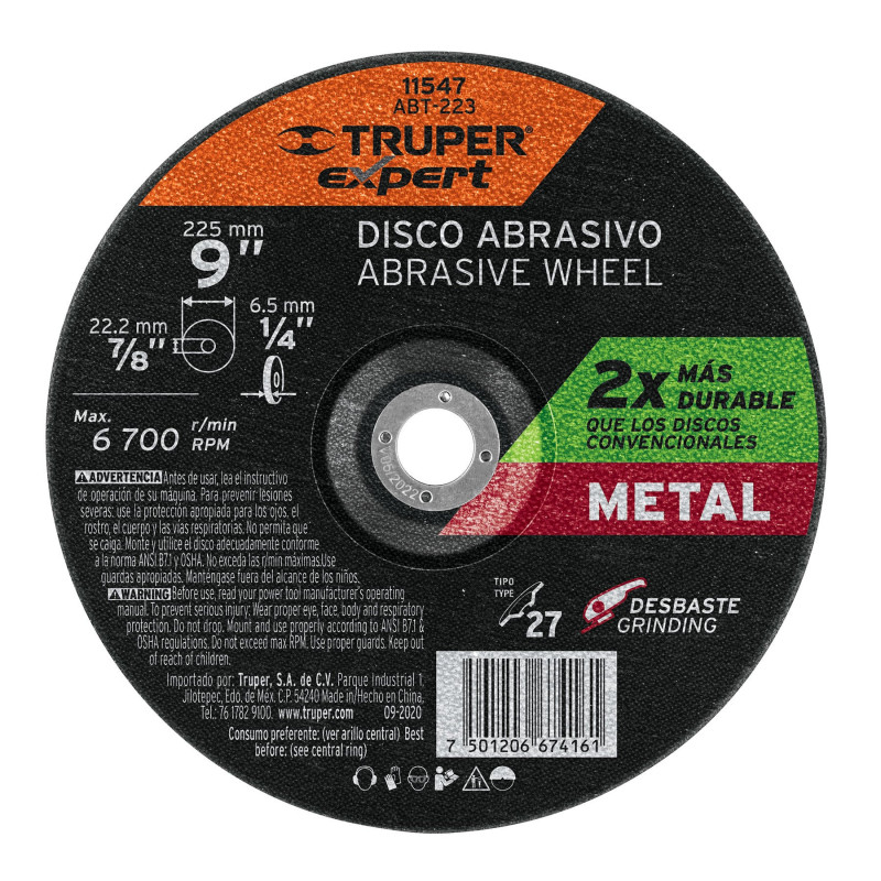 ABT-223 Disco desbaste metal, tipo27,diámetro 9',alto rendimiento TRUPER | DIHERESA ABT-223 Disco desbaste metal, tipo27,diámetro 9',alto rendimiento TRUPER | DIHERESA