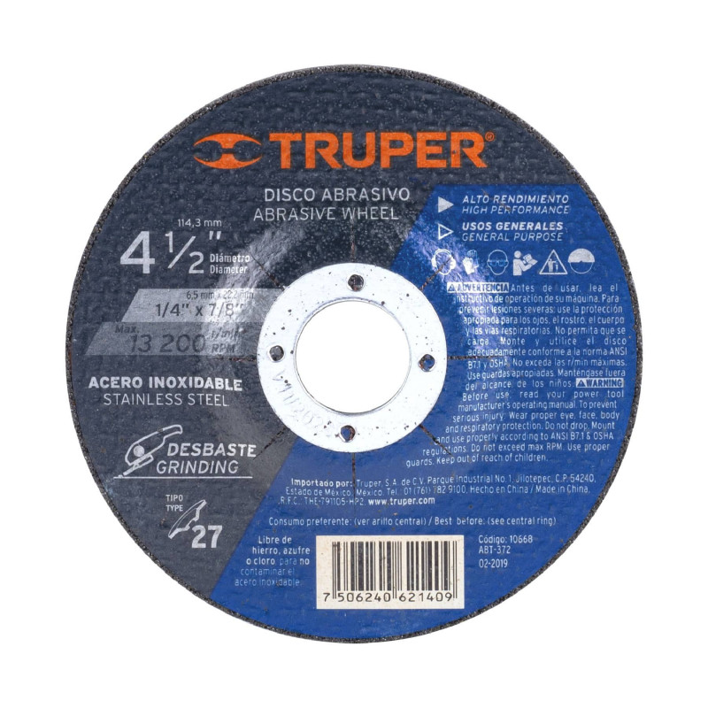 ABT-372 Disco para desbaste de acero inoxidable, tipo 27, 4-1/2' TRUPER | DIHERESA