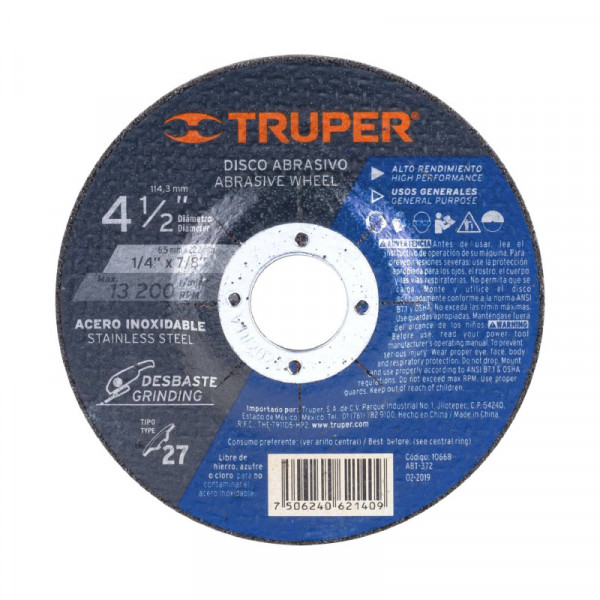 ABT-372 Disco para desbaste de acero inoxidable, tipo 27, 4-1/2' TRUPER | DIHERESA