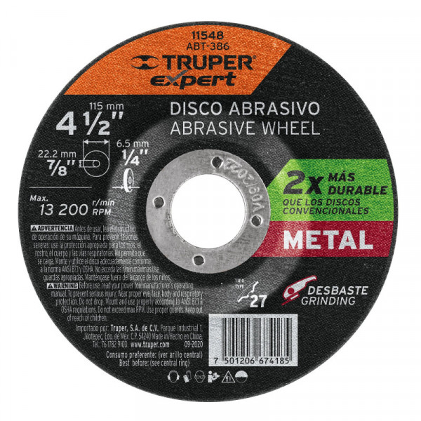 ABT-386 Disco desbaste metal,tipo27,diámetro 4-1/2',alto rendimiento TRUPER | DIHERESA