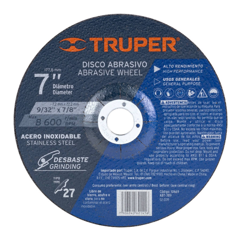 ABT-389 Disco para desbaste de acero inoxidable, tipo 27, 7' TRUPER | DIHERESA