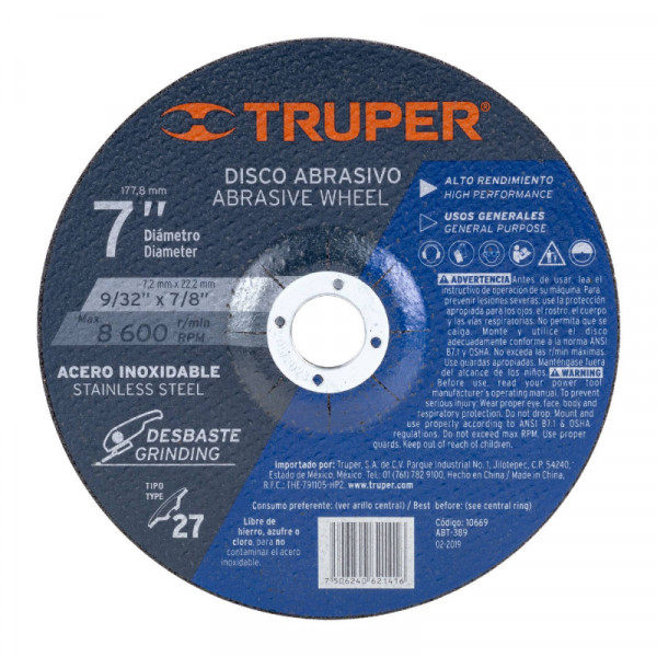 ABT-389 Disco para desbaste de acero inoxidable, tipo 27, 7' TRUPER | DIHERESA