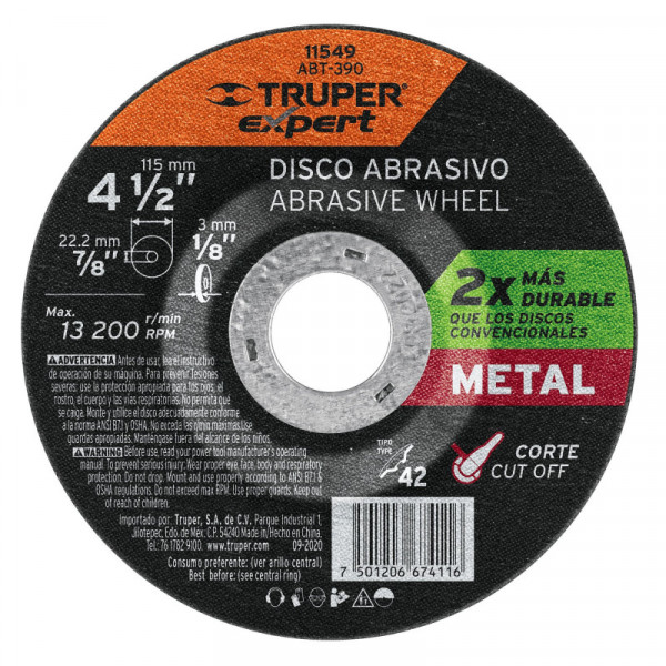 ABT-390 Disco corte metal, tipo42, diámetro 4-1/2', alto rendimiento TRUPER | DIHERESA