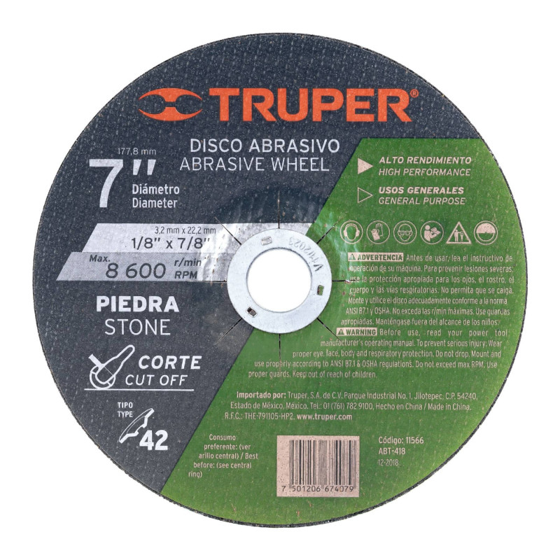 ABT-418 Disco para corte de piedra, tipo 42, diámetro 7' TRUPER | DIHERESA ABT-418 Disco para corte de piedra, tipo 42, diámetro 7' TRUPER | DIHERESA