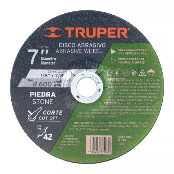 ABT-418 Disco para corte de piedra, tipo 42, diámetro 7' TRUPER | DIHERESA