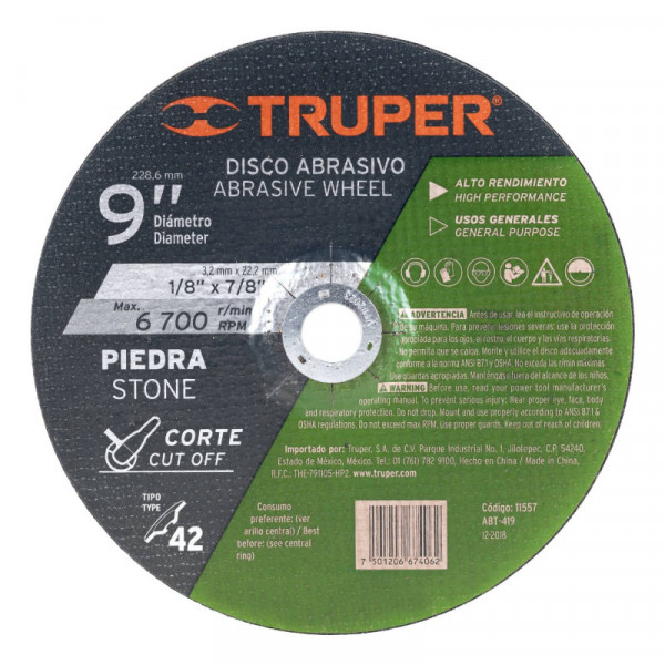 ABT-419 Disco para corte de piedra, tipo 42, diámetro 9' TRUPER | DIHERESA