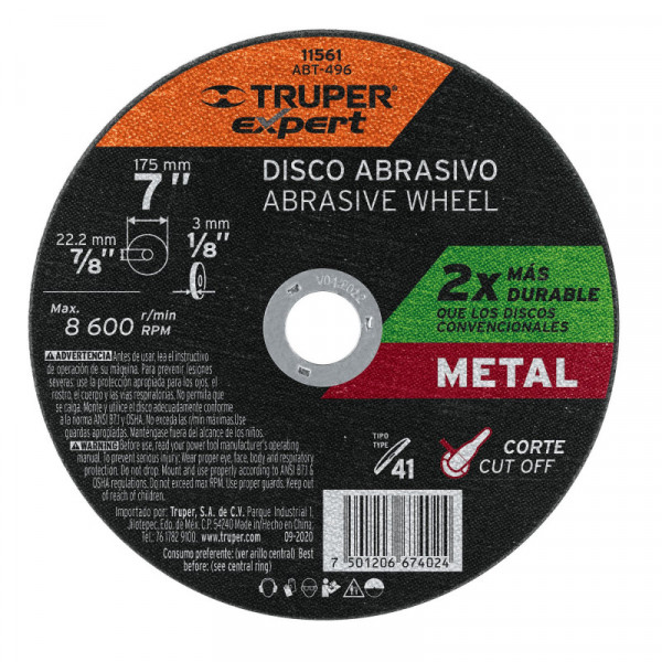 ABT-496 Disco para corte de metal, tipo 41, diámetro 7' TRUPER | DIHERESA