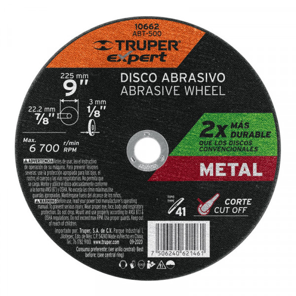 ABT-500 Disco para corte de metal, tipo 41, diámetro 9' TRUPER | DIHERESA