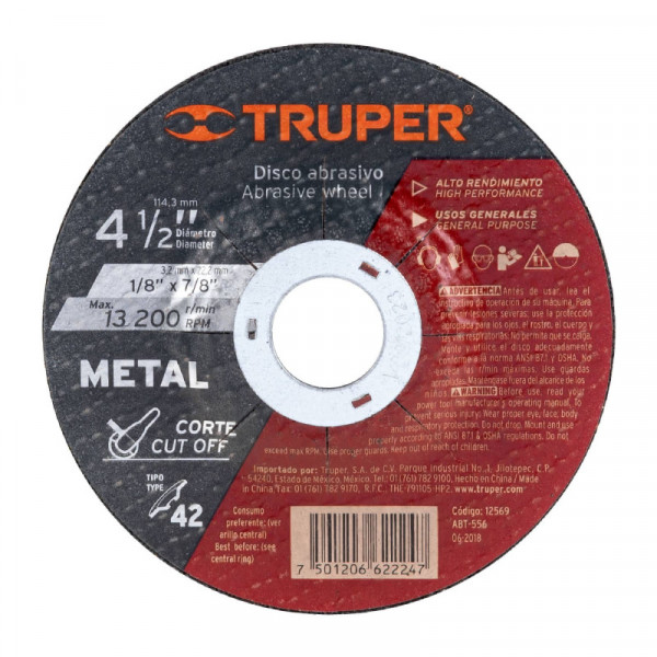 ABT-556 Disco para corte de metal, tipo 42, diámetro 4-1/2' TRUPER | DIHERESA