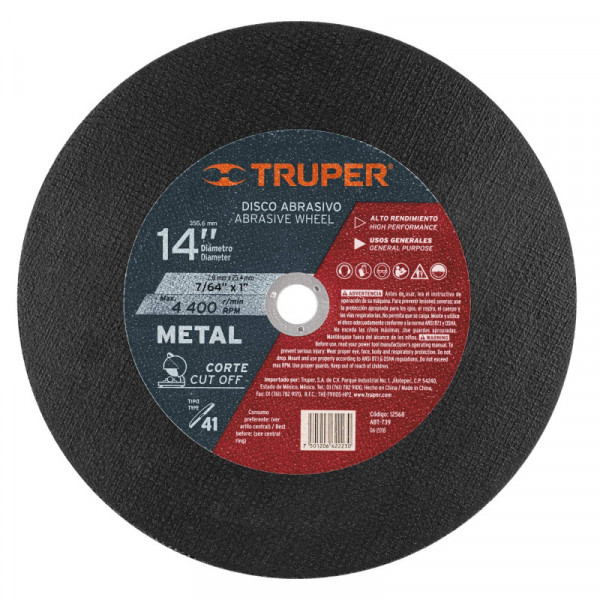 ABT-739 Disco para corte de metal, tipo 41, diámetro 14' TRUPER | DIHERESA