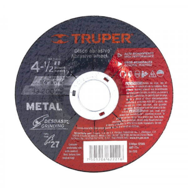 ABT-774 Disco para desbaste de metal, tipo 27, diámetro 4-1/2' TRUPER | DIHERESA