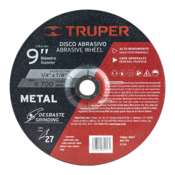 ABT-779 Disco para desbaste de metal, tipo 27, diámetro 9' TRUPER | DIHERESA