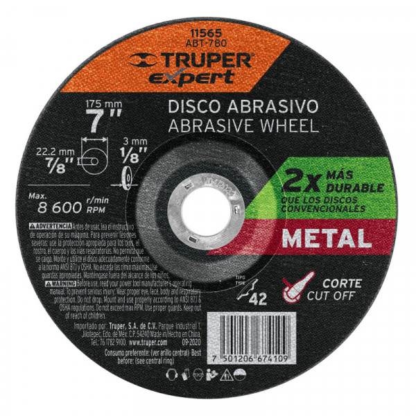 ABT-780 Disco p/corte metale, tipo42, diámetro 7', alto rendimiento TRUPER | DIHERESA