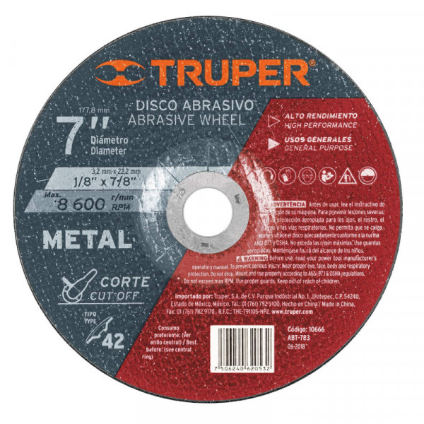 ABT-783 Disco para corte de metal, tipo 42, diámetro 7' TRUPER | DIHERESA