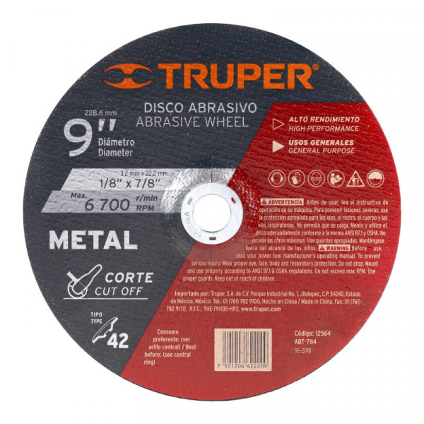 ABT-784 Disco para corte de metal, tipo 42, diámetro 9' TRUPER | DIHERESA