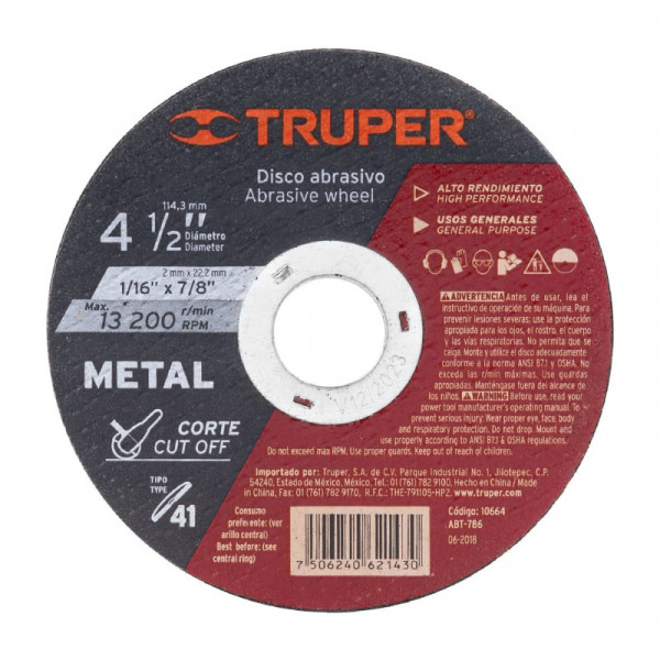 ABT-786 Disco para corte de metal, tipo 41, diámetro 4-1/2' TRUPER | DIHERESA