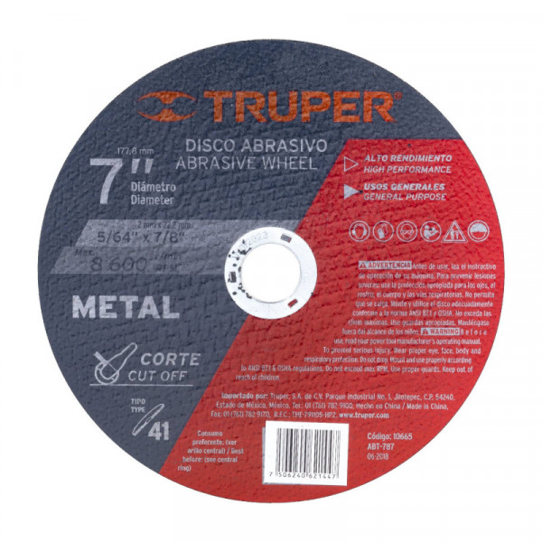 ABT-787 Disco para corte de metal, tipo 41, diámetro 7' TRUPER | DIHERESA