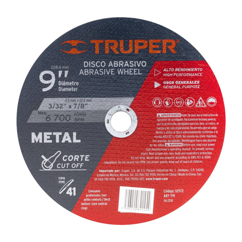 ABT-791 Disco p/corte de metal, tipo 41, diámetro 9', usos generales TRUPER | DIHERESA ABT-791 Disco p/corte de metal, tipo 41, diámetro 9', usos generales TRUPER | DIHERESA