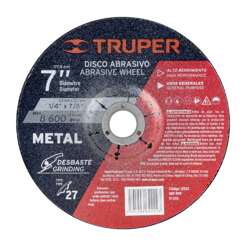 ABT-999 Disco para desbaste de metal, tipo 27, diámetro 7', 1/4' TRUPER | DIHERESA ABT-999 Disco para desbaste de metal, tipo 27, diámetro 7', 1/4' TRUPER | DIHERESA