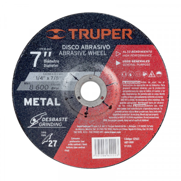 ABT-999 Disco para desbaste de metal, tipo 27, diámetro 7', 1/4' TRUPER | DIHERESA
