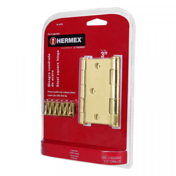 BC-301PB Bisagra cuadrada 3', latón, plana ,blister con 2 pzas TRUPER | DIHERESA