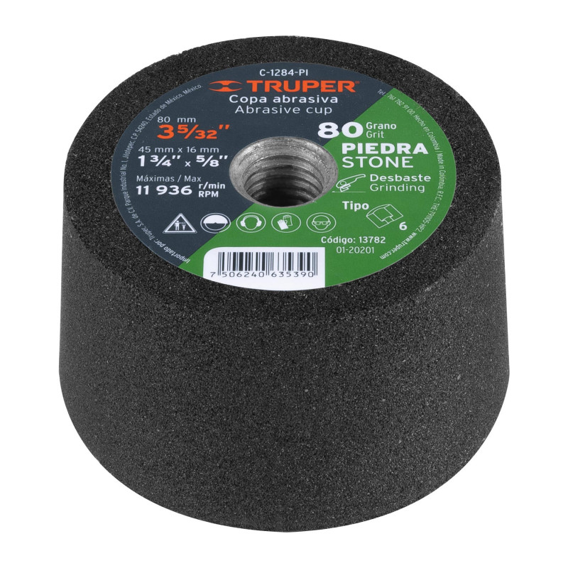 C-1284-PI Copa desbaste, 3-5/32', grano 80 para piedra TRUPER | DIHERESA C-1284-PI Copa desbaste, 3-5/32', grano 80 para piedra TRUPER | DIHERESA
