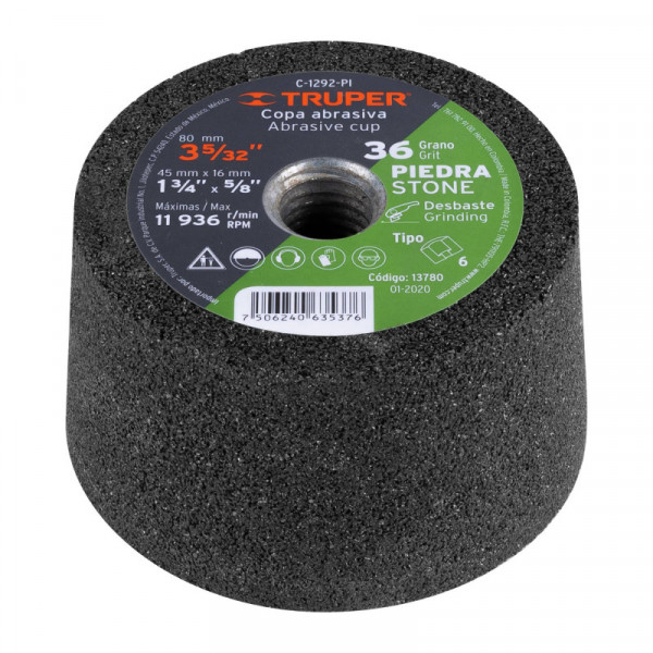 C-1292-PI Copa desbaste, 3-5/32', grano 36 para piedra TRUPER | DIHERESA