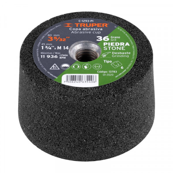 C-1293-PI Copa desbaste, 3-5/32', 14 mm, grano 36 para piedra TRUPER | DIHERESA