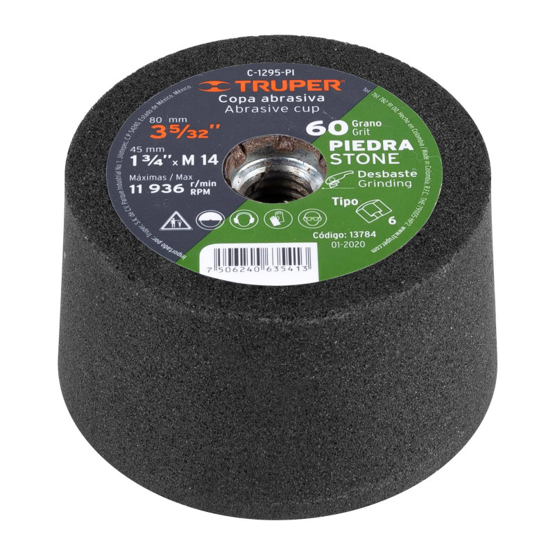 C-1295-PI Copa desbaste, 3-5/32', 14 mm, grano 60 para piedra TRUPER | DIHERESA C-1295-PI Copa desbaste, 3-5/32', 14 mm, grano 60 para piedra TRUPER | DIHERESA