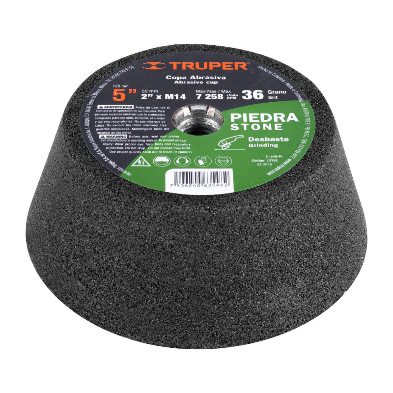 C-349-PI Copa desbaste, 5', 14 mm, grano 36 para piedra TRUPER | DIHERESA C-349-PI Copa desbaste, 5', 14 mm, grano 36 para piedra TRUPER | DIHERESA