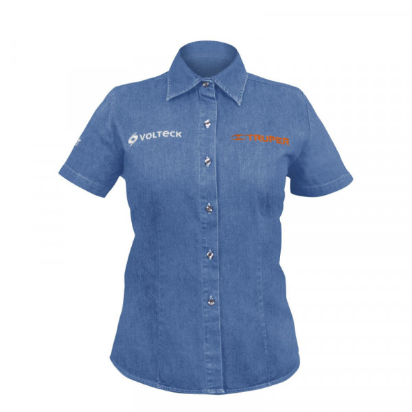 CAM-MEZ-DCS Camisa de mezclilla para dama, manga corta, talla chica TRUPER | DIHERESA