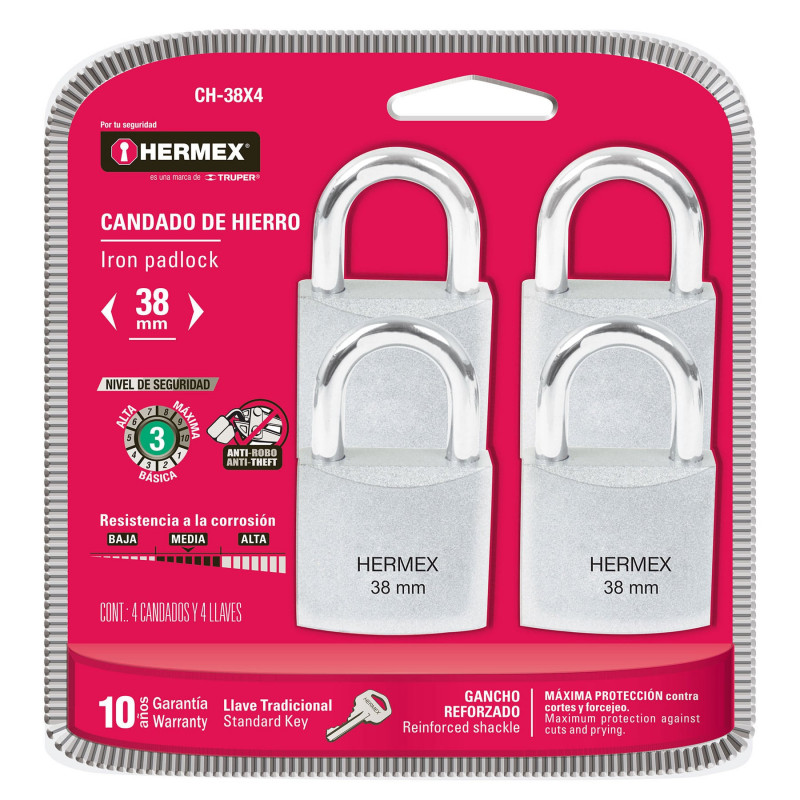 CH-38X4 Candados de hierro, 38mm, gancho corto, blister, 4 piezas TRUPER | DIHERESA CH-38X4 Candados de hierro, 38mm, gancho corto, blister, 4 piezas TRUPER | DIHERESA