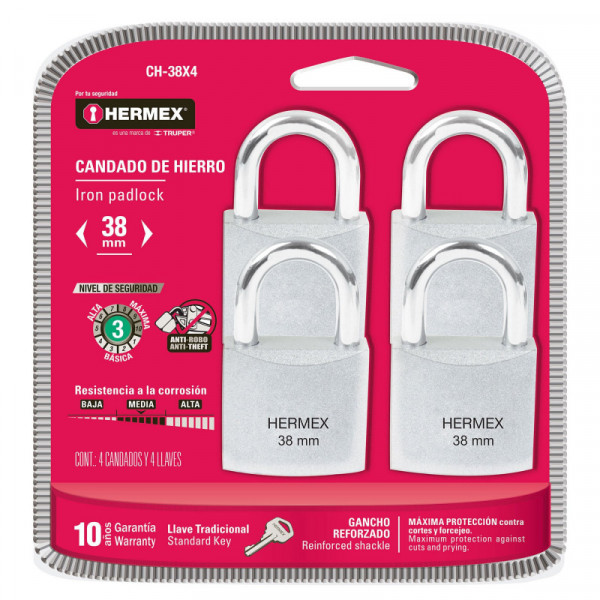 CH-38X4 Candados de hierro, 38mm, gancho corto, blister, 4 piezas TRUPER | DIHERESA