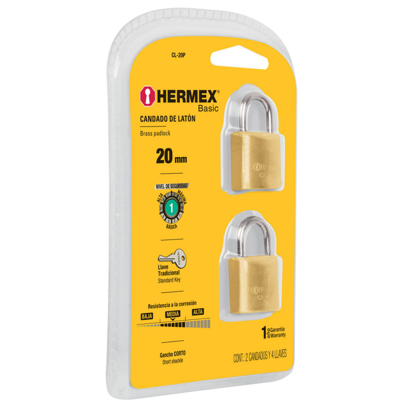 CL-20P Candados de latón, 20mm, blister 2 piezas, Hermex Basic TRUPER | DIHERESA CL-20P Candados de latón, 20mm, blister 2 piezas, Hermex Basic TRUPER | DIHERESA