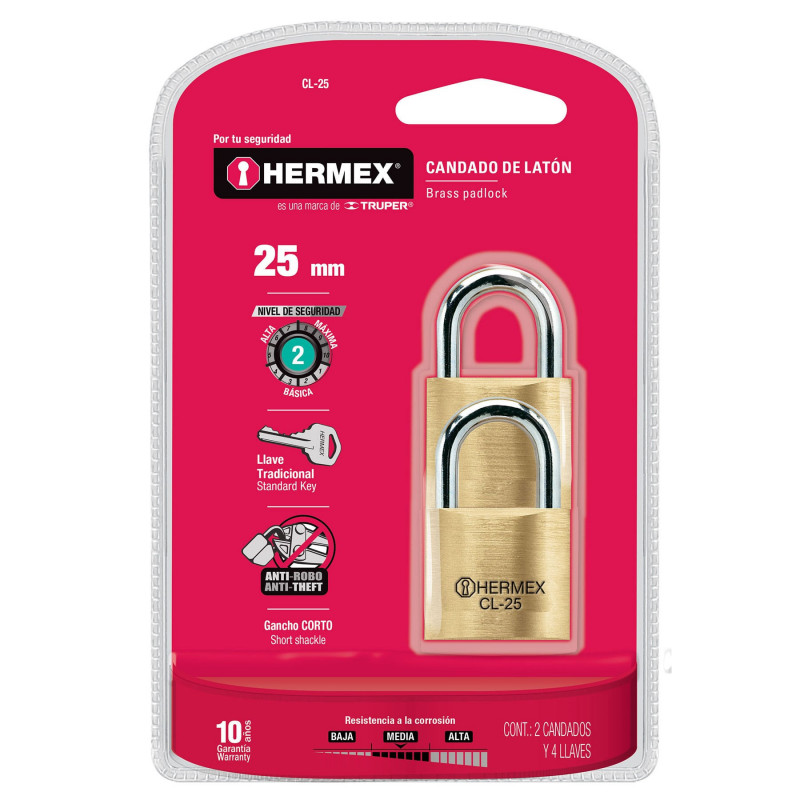 CL-25 Candados de latón, 25mm, gancho corto, blister 2 piezas TRUPER | DIHERESA CL-25 Candados de latón, 25mm, gancho corto, blister 2 piezas TRUPER | DIHERESA