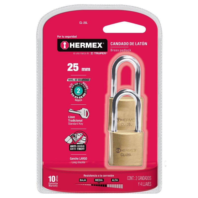 CL-25L Candados de latón, 25mm, gancho largo, blister 2 piezas TRUPER | DIHERESA CL-25L Candados de latón, 25mm, gancho largo, blister 2 piezas TRUPER | DIHERESA