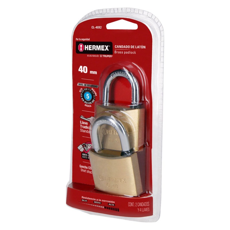 CL-40X2 Candados de latón, 40mm, gancho corto, blister 2 piezas TRUPER | DIHERESA CL-40X2 Candados de latón, 40mm, gancho corto, blister 2 piezas TRUPER | DIHERESA