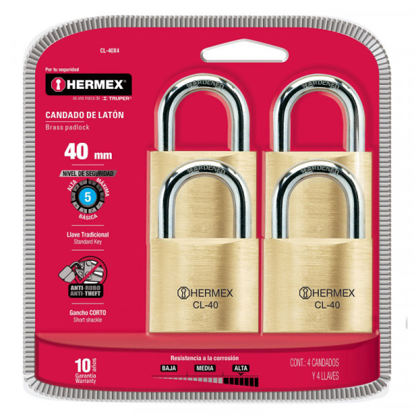 CL-40X4 Candados de latón, 40mm, gancho corto, blister 4 piezas TRUPER | DIHERESA