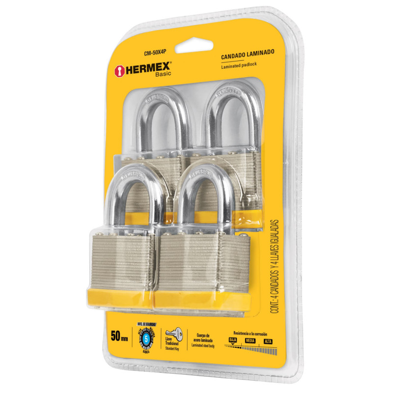 CM-50X4P Candados laminados, 50mm, blister 4 piezas, Hermex Basic TRUPER | DIHERESA CM-50X4P Candados laminados, 50mm, blister 4 piezas, Hermex Basic TRUPER | DIHERESA