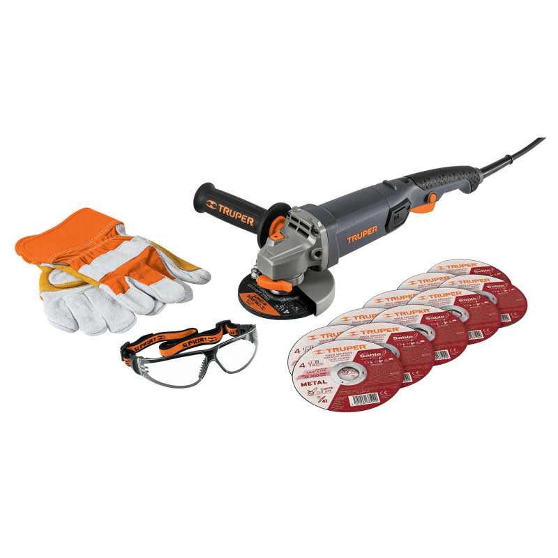 COMBOE-4590N TRUPER Combo de esmeriladora 4 1/2", INDUSTRIAL, 950 W, con 11 discos, guantes y lentes de seguridad | DIHERESA COMBOE-4590N TRUPER Combo de esmeriladora 4 1/2", INDUSTRIAL, 950 W, con 11 discos, guantes y lentes de seguridad | DIHERESA