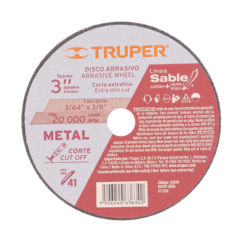 DICOF-3010 Disco Tipo 41 para corte fino de metal 3' TRUPER | DIHERESA DICOF-3010 Disco Tipo 41 para corte fino de metal 3' TRUPER | DIHERESA
