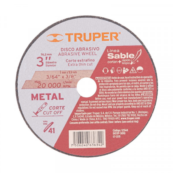 DICOF-3010 Disco Tipo 41 para corte fino de metal 3' TRUPER | DIHERESA