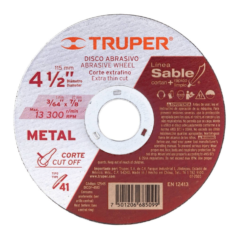 DICOF-4510 Disco Tipo 41, corte fino de metal, Línea Sable 4-1/2',1mm TRUPER | DIHERESA DICOF-4510 Disco Tipo 41, corte fino de metal, Línea Sable 4-1/2',1mm TRUPER | DIHERESA