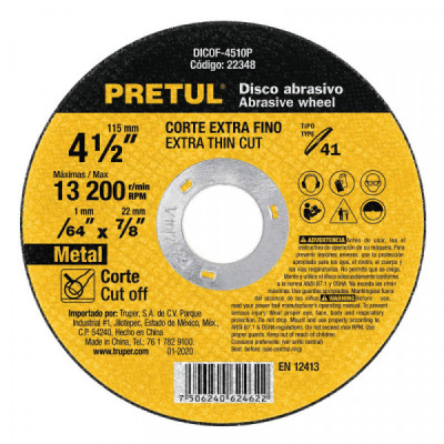 DICOF-4510P Disco Tipo 41 para corte fino de metal 4-1/2', 1.0 mm Pretul TRUPER | DIHERESA