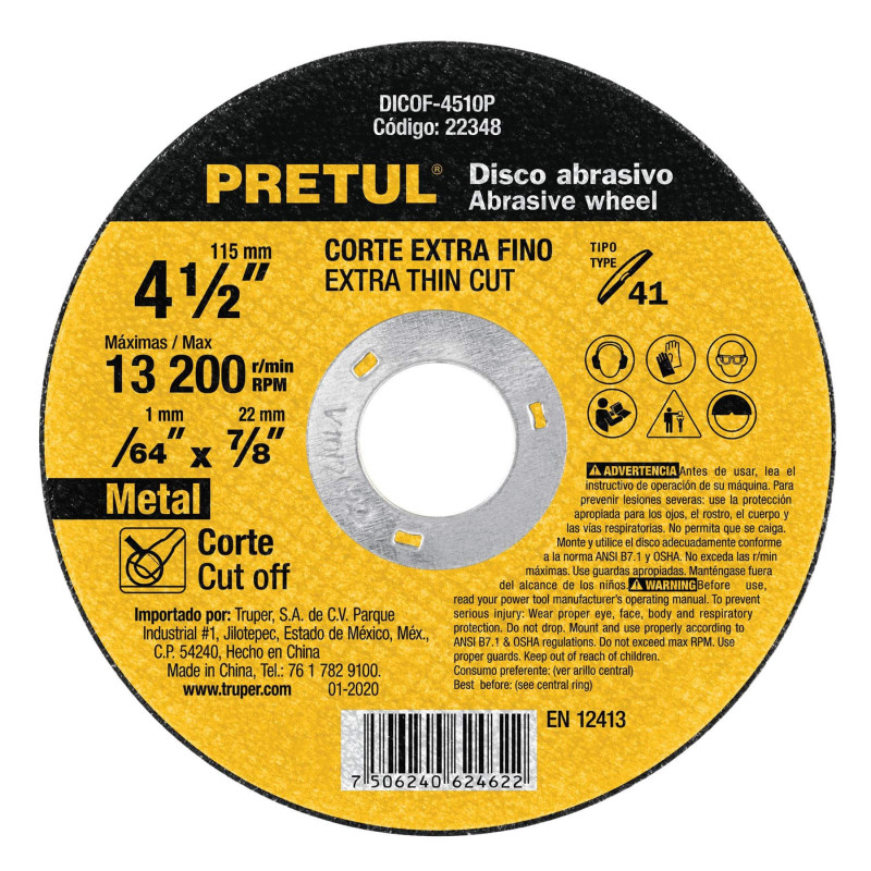 DICOF-4510P Disco Tipo 41 para corte fino de metal 4-1/2', 1.0 mm Pretul TRUPER | DIHERESA DICOF-4510P Disco Tipo 41 para corte fino de metal 4-1/2', 1.0 mm Pretul TRUPER | DIHERESA