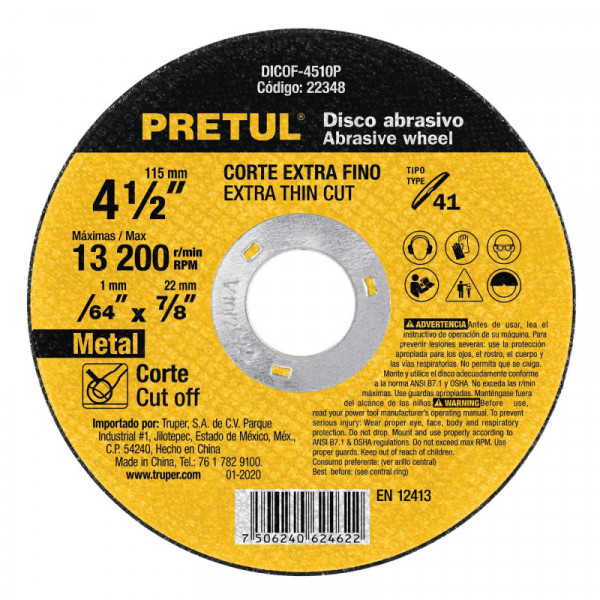 DICOF-4510P Disco Tipo 41 para corte fino de metal 4-1/2', 1.0 mm Pretul TRUPER | DIHERESA
