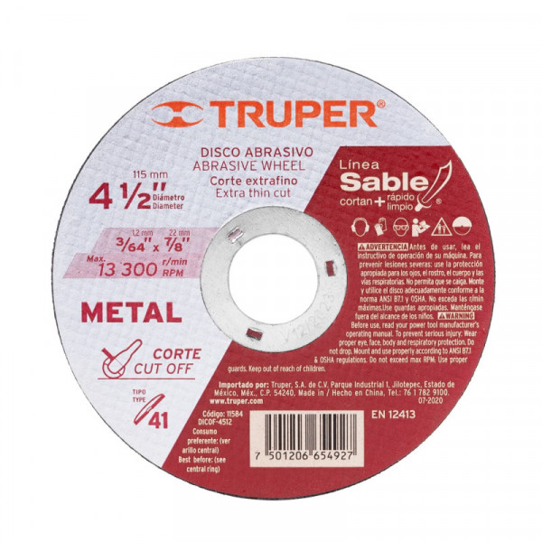 DICOF-4512 Disco Tipo 41, corte fino de metal, Línea Sable 4-1/2',1.2mm TRUPER | DIHERESA
