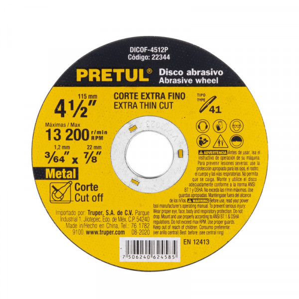 DICOF-4512P Disco Tipo 41 para corte fino de metal 4-1/2', 1.2 mm Pretul TRUPER | DIHERESA