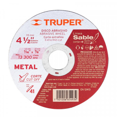 DICOF-4516 Disco Tipo 41, corte fino de metal, Línea Sable 4-1/2',1.6mm TRUPER | DIHERESA